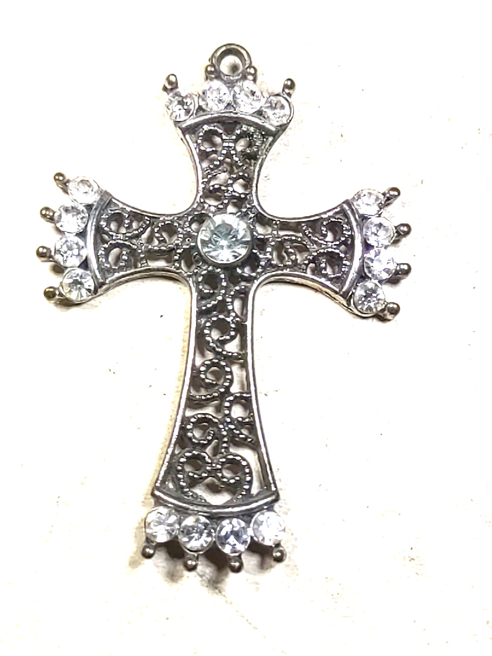 Unusual Cross Dark Silver Tone Rhinestone Crowned Ends Religious